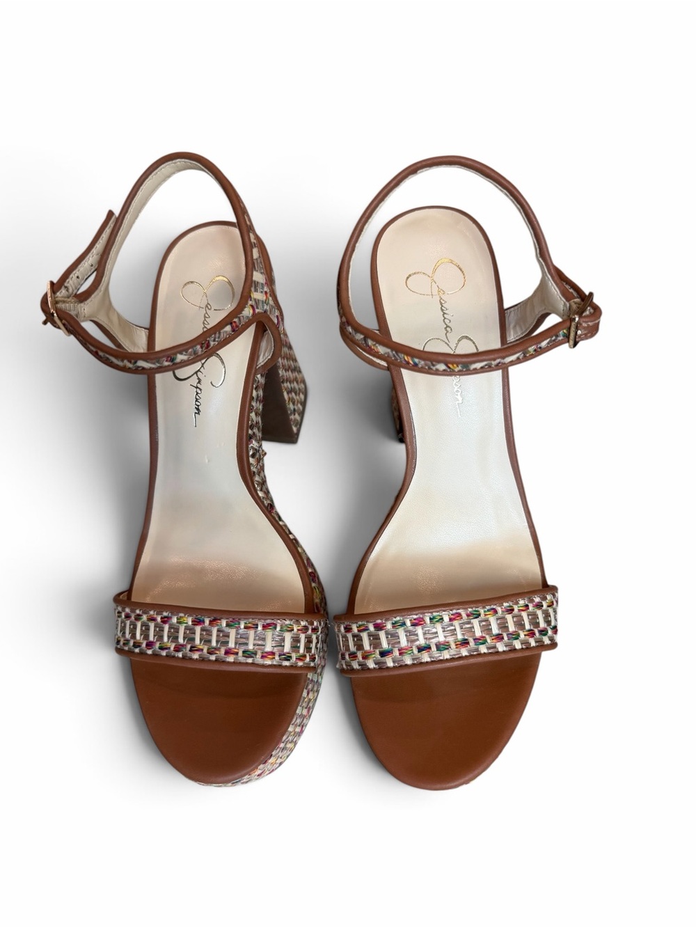 Jessica Simpson Multicolor Woven Platform Sandals with Brown Trim - Picture 13 of 15